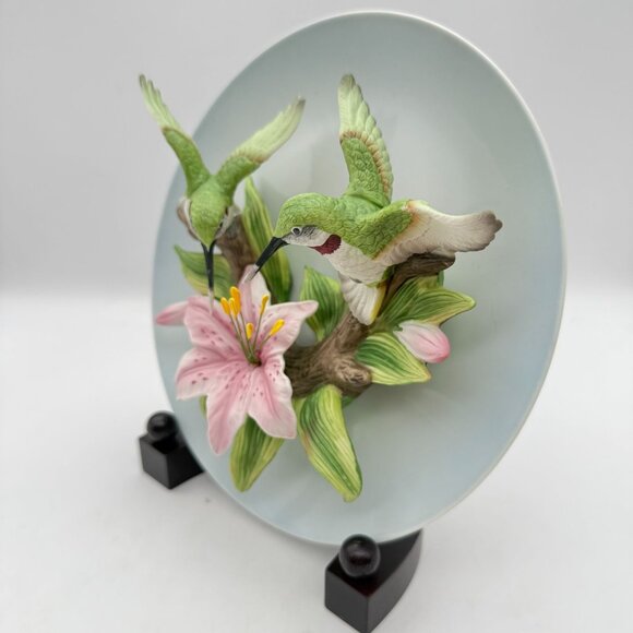 Vtg Seymour Mann Connoisseur 3D Hummingbirds Lily Collectors Plate Box Stand COA - Picture 8 of 14